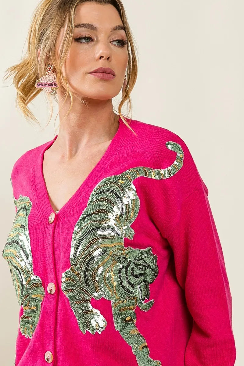 BiBi Front Tiger Sequin Patch V-neck Sweater Cardigan - Fashorio