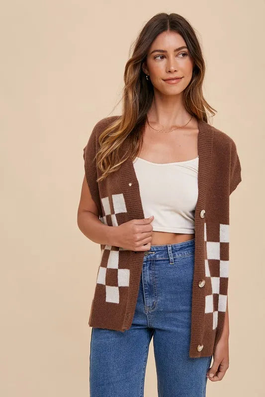 Annie Wear Checkered Button Down Short Sleeve Cardigan - Fashorio