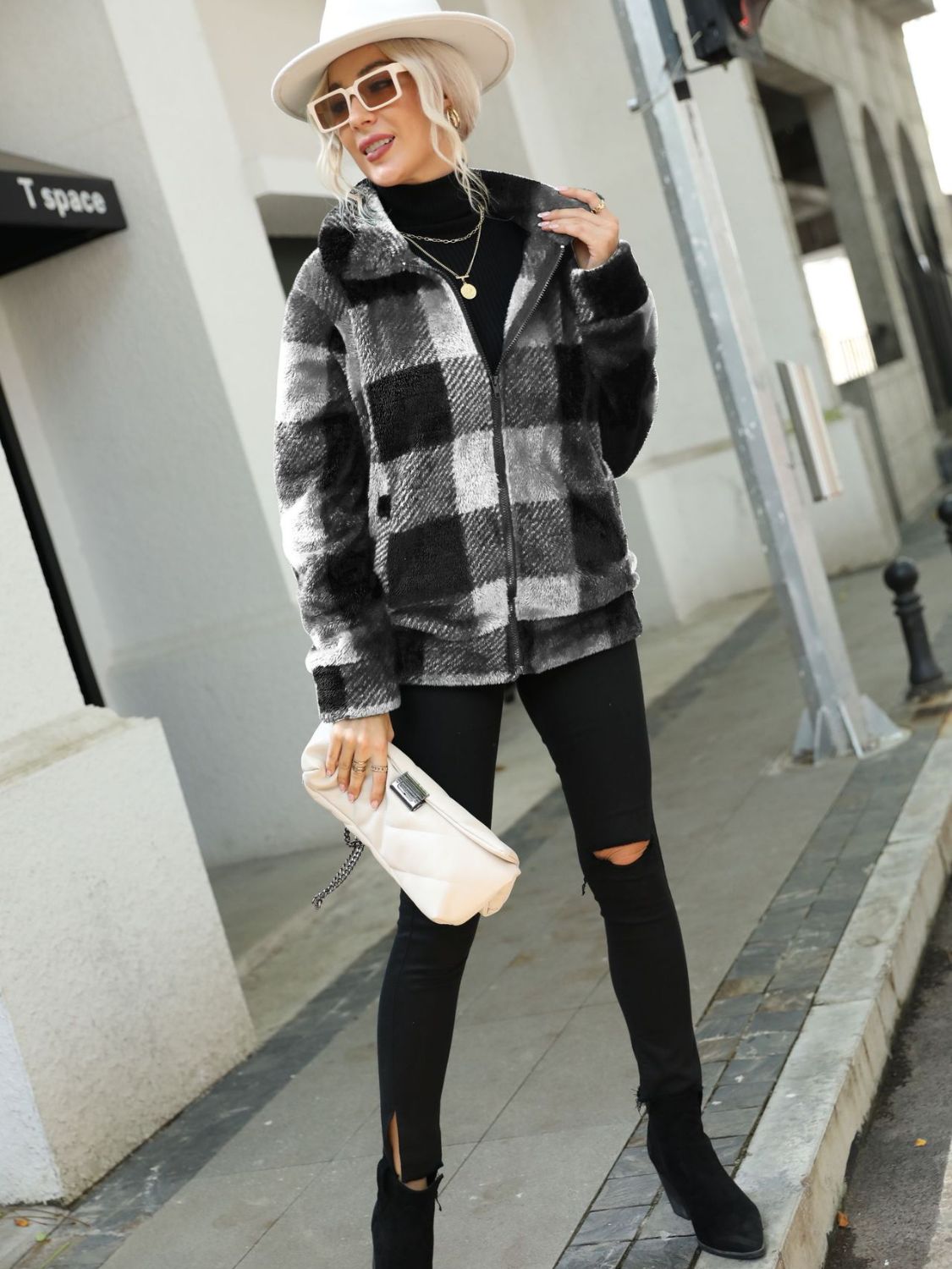 Plaid Zip-Up Collared Jacket - Fashorio