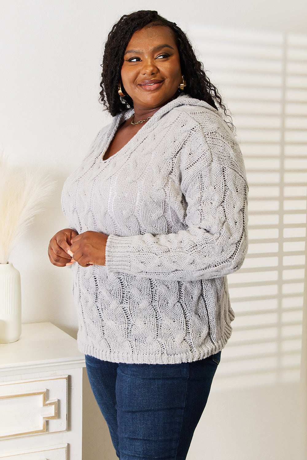 Woven Right Cable-Knit Hooded Sweater - Fashorio