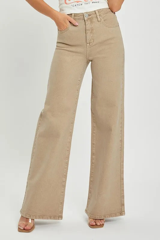 RISEN Full Size Tummy Control High Rise Wide Leg Jeans Plus Size Tan - Fashorio