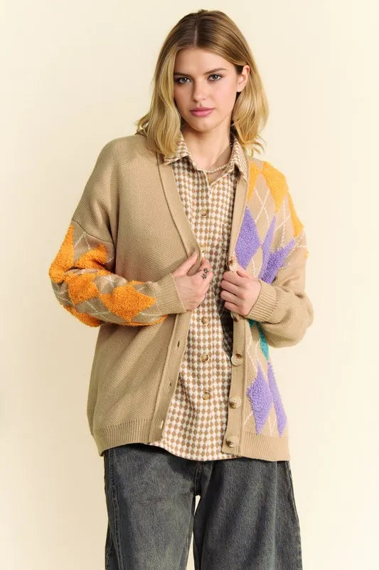 Davi & Dani Argyle V-Neck Dropped Shoulder Cardigan - Fashorio