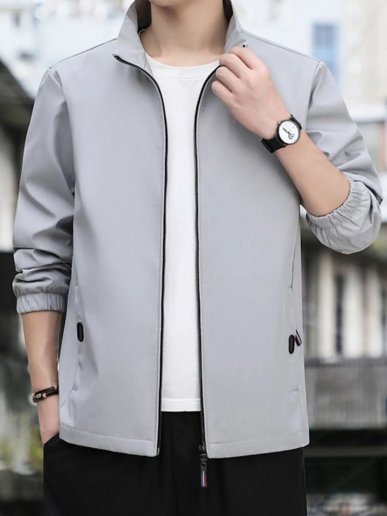 Men's Plus Size Zip Up Long Sleeve Jacket Gray - Fashorio