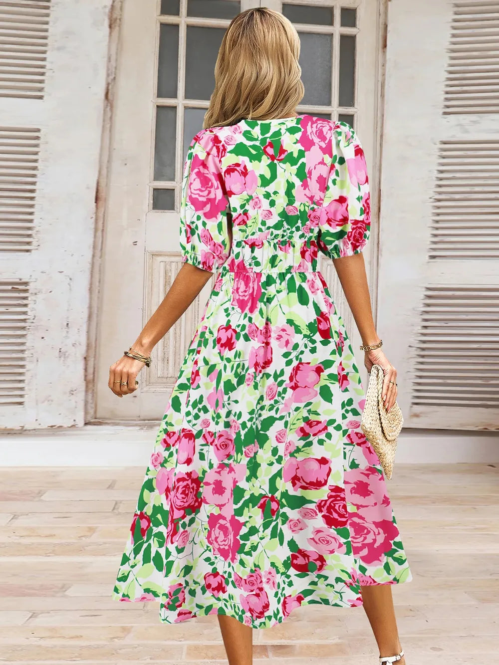 Ruched Printed Surplice Short Sleeve Dress - Fashorio