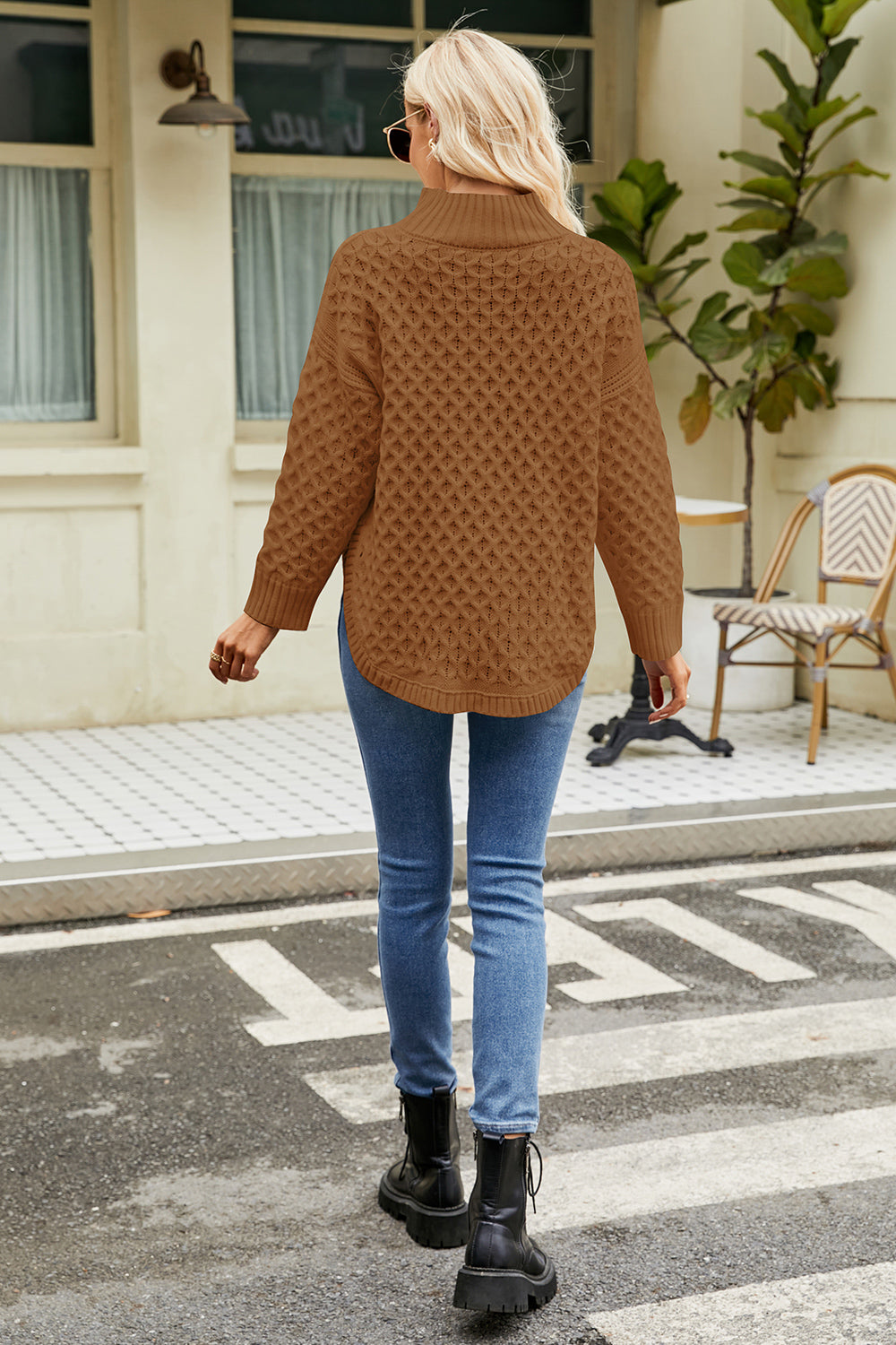 Slit Long Sleeve Mock Neck Sweater - Fashorio