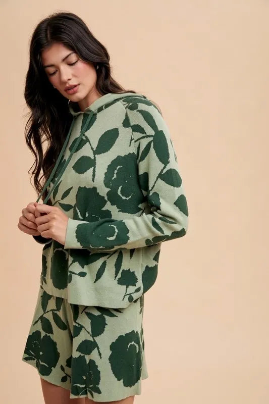 Annie Wear Flower Pattern Drawstring Hooded Top and Shorts Sweater Set - Fashorio