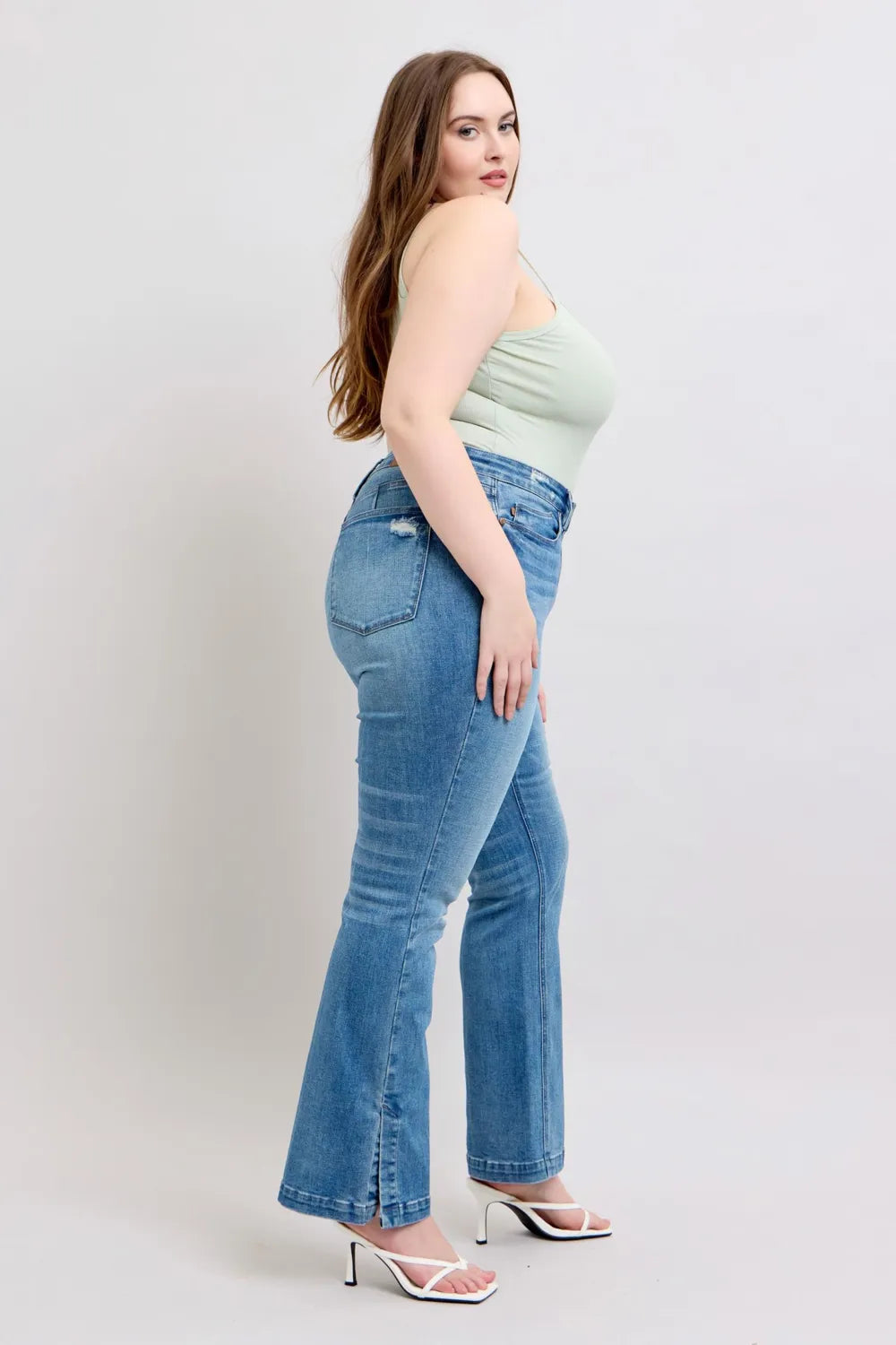 Judy Blue HW Tummy Control Vintage Wash Side Slit Slim Boot Jeans - Fashorio