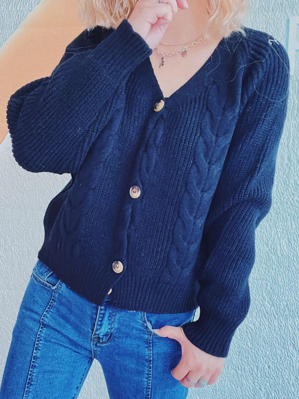 Cable-Knit V-Neck Button Down Long Sleeve Cardigan - Fashorio