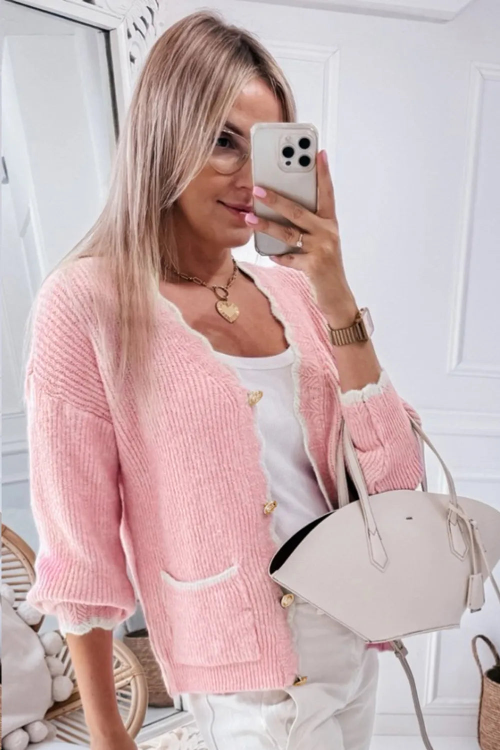 Contrast Trim V-Neck Long Sleeve Cardigan - Fashorio