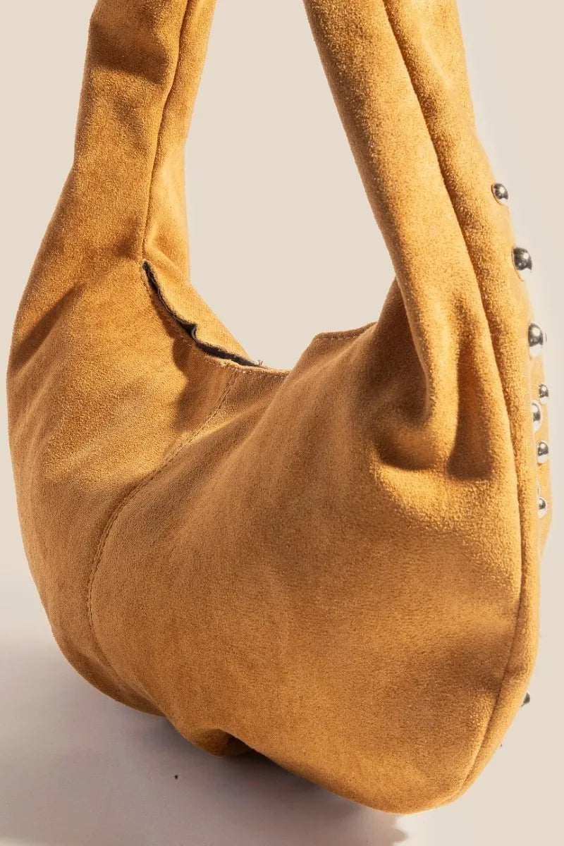 Fame Metallic Studded Faux Suede Hand Bag - Fashorio