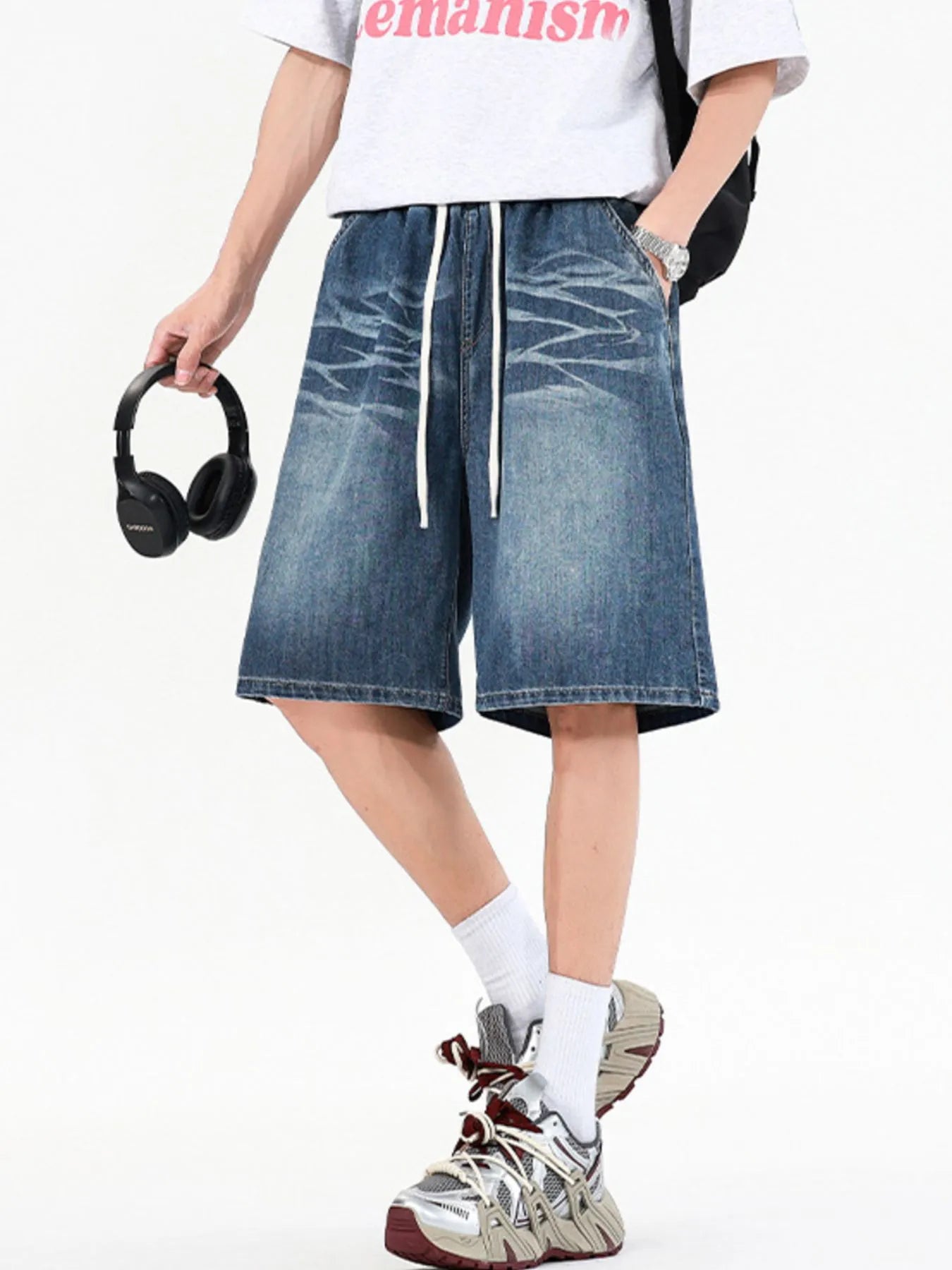 Men's Full Size Relaxed Fit Denim Shorts with Drawstring Waist Plus Size Dark Blue - Fashorio