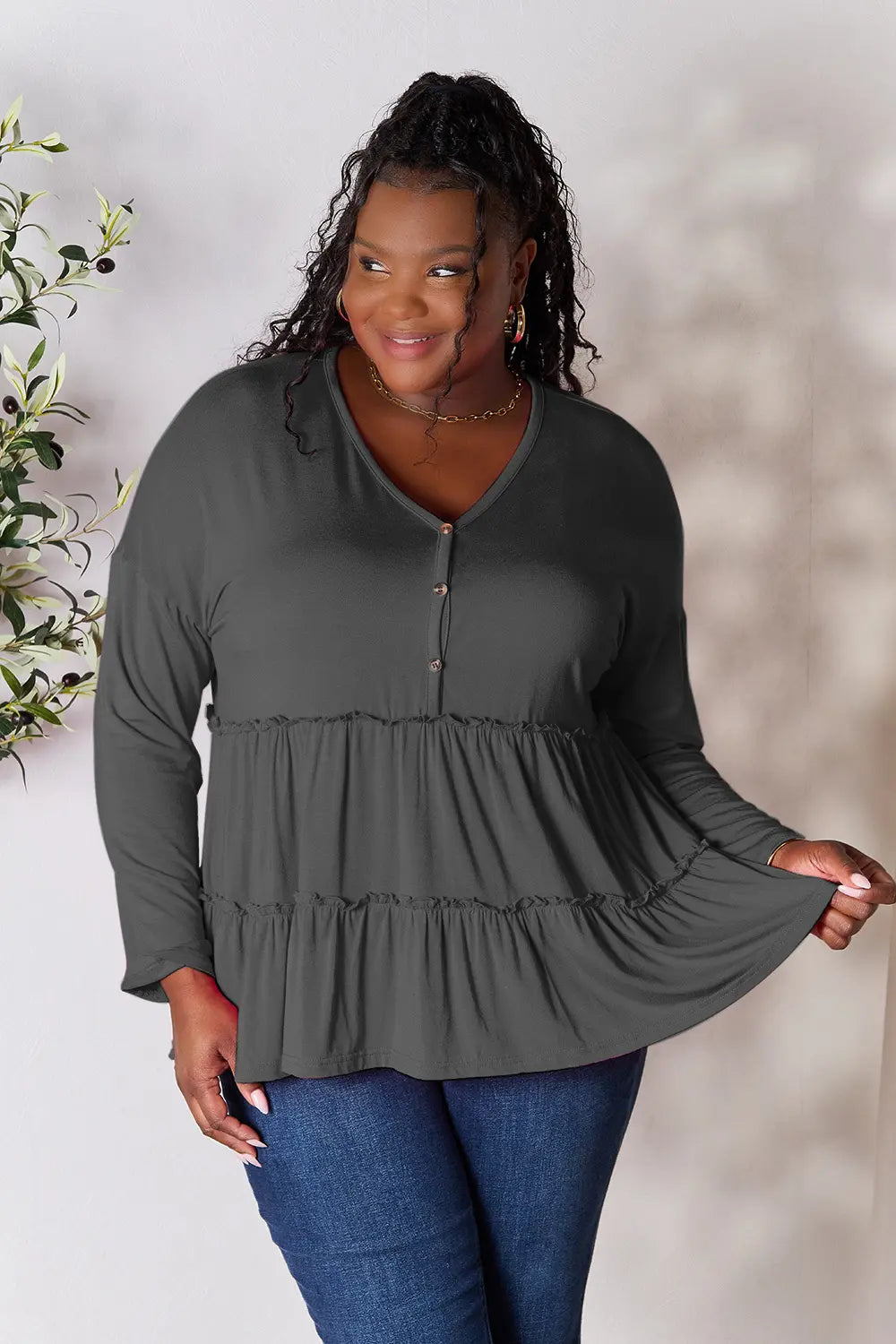 Double Take Half Button Long Sleeve Ruffle Hem Blouse - Fashorio