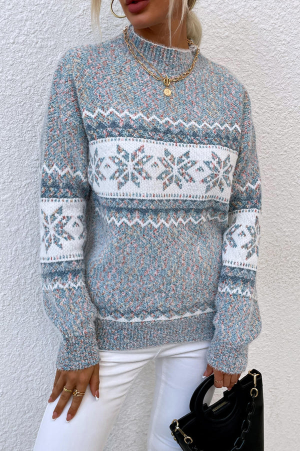 Snowflake Pattern Mock Neck Sweater Cloudy Blue - Fashorio