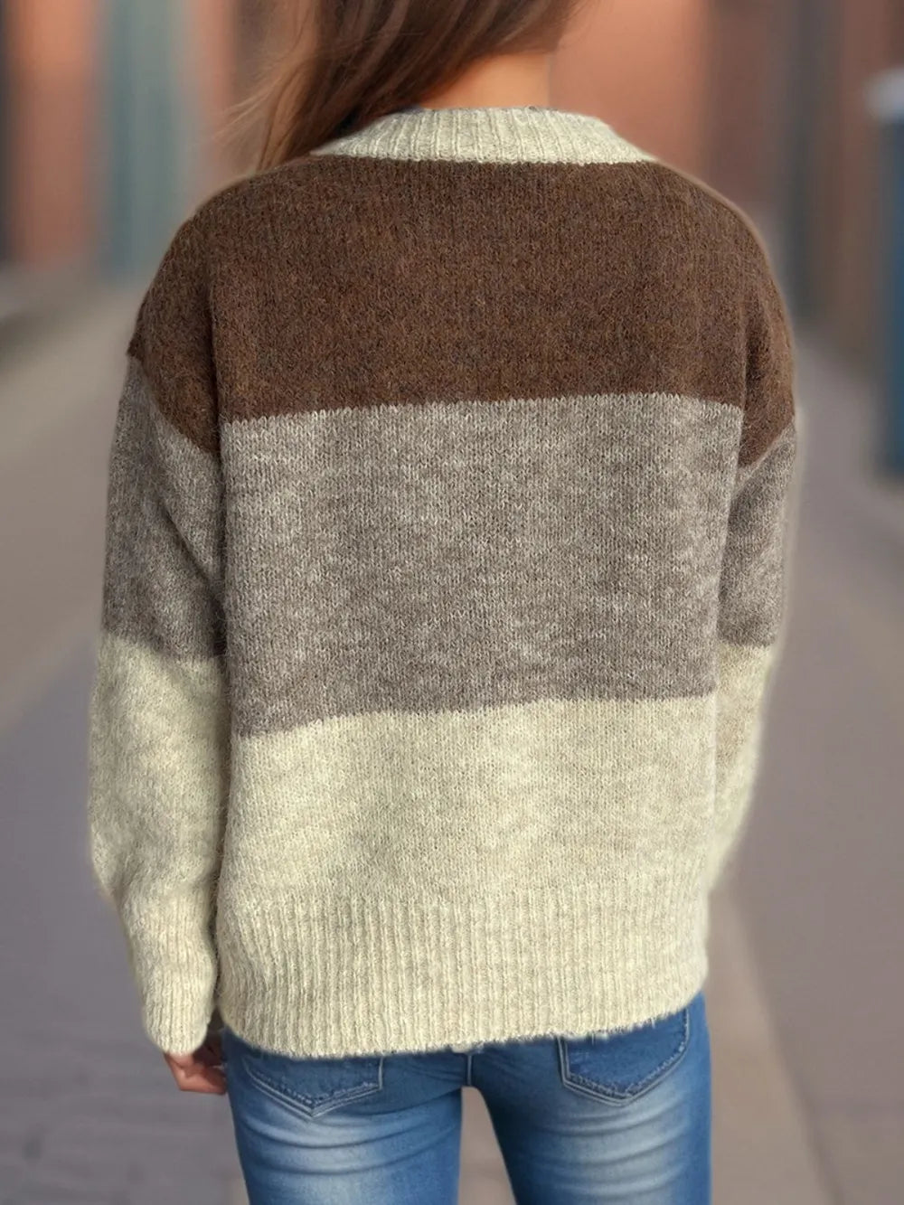 Color Block Round Neck Button Up Cardigan - Fashorio