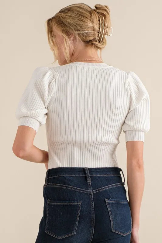 And The Why Puffed Half Sleeve Rib Basic Bodysuit - Fashorio