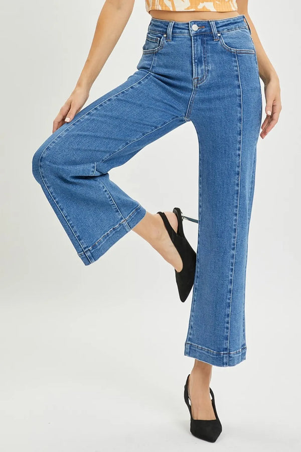RISEN Full Size High Rise Wide Leg Jeans – Retro Flare Denim Solid medium - Fashorio
