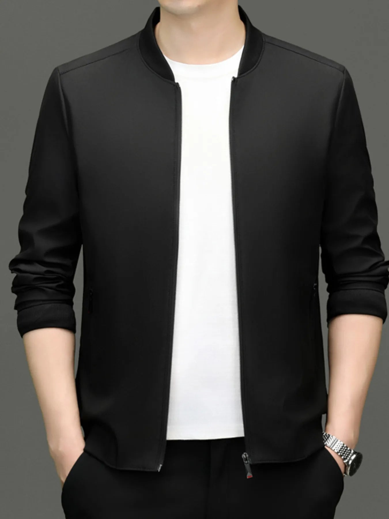 Men's Zip Up Long Sleeve Jacket Black - Fashorio