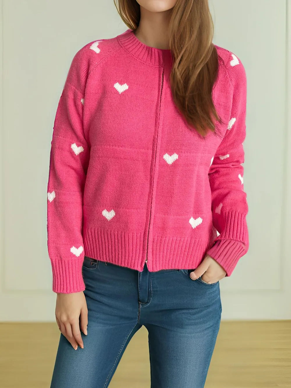 Heart Round Neck Zip Up Cardigan Hot Pink One Size - Fashorio