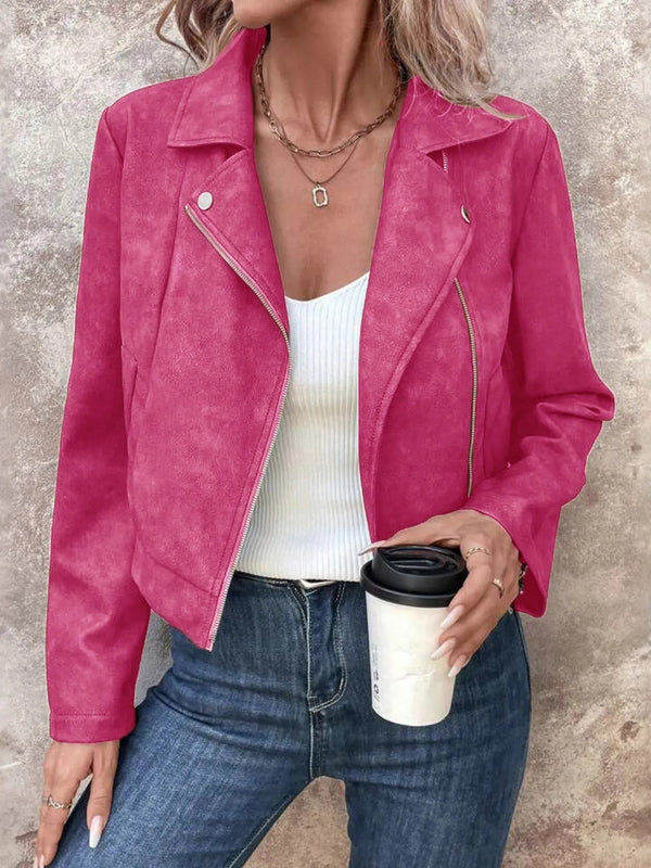 Zip Up Suede Cropped Moto Jacket Hot Pink - Fashorio