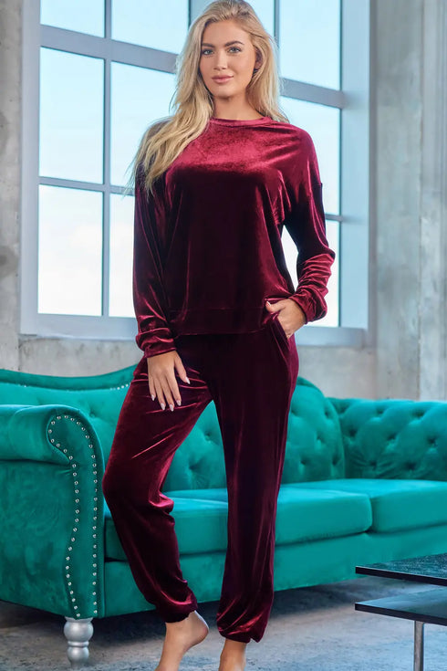 Long Sleeve Top and Pants Lounge Set Wine - Fashorio