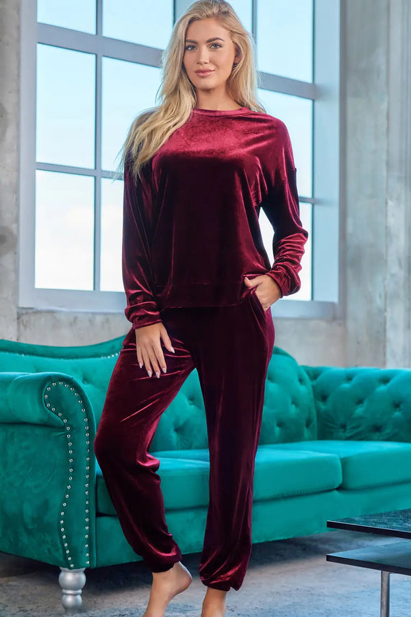 Long Sleeve Top and Pants Lounge Set Wine - Fashorio