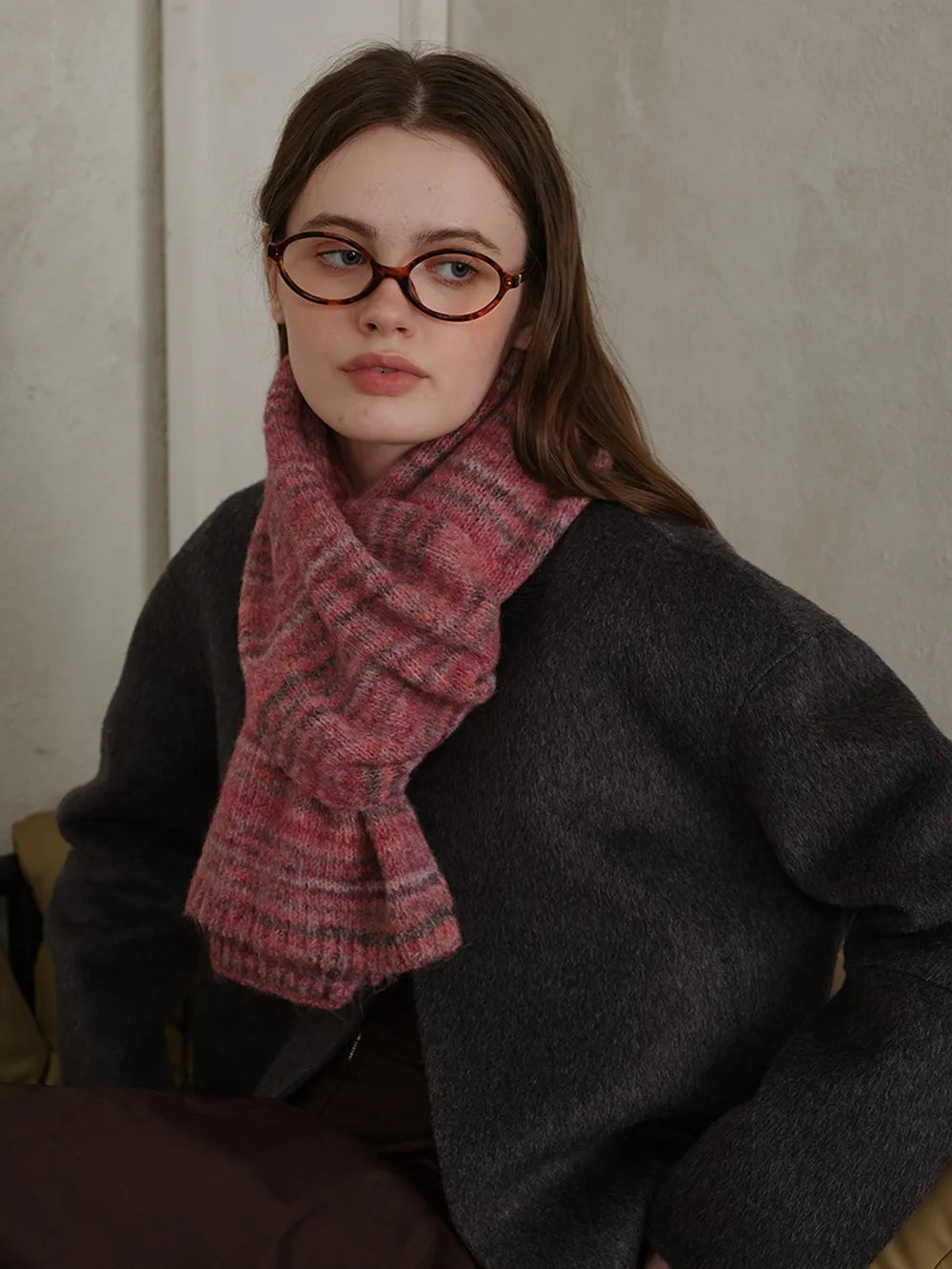 Striped Detail Knit Scarf Cerise One Size - Fashorio