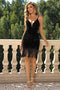 Spaghetti Strap Fringe Trim Dress Black - Fashorio