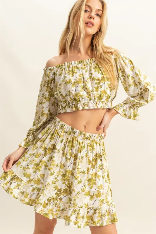 HYFVE Floral Off-Shoulder Flounce Sleeve Top and Skirt Set Yellow-Green - Fashorio