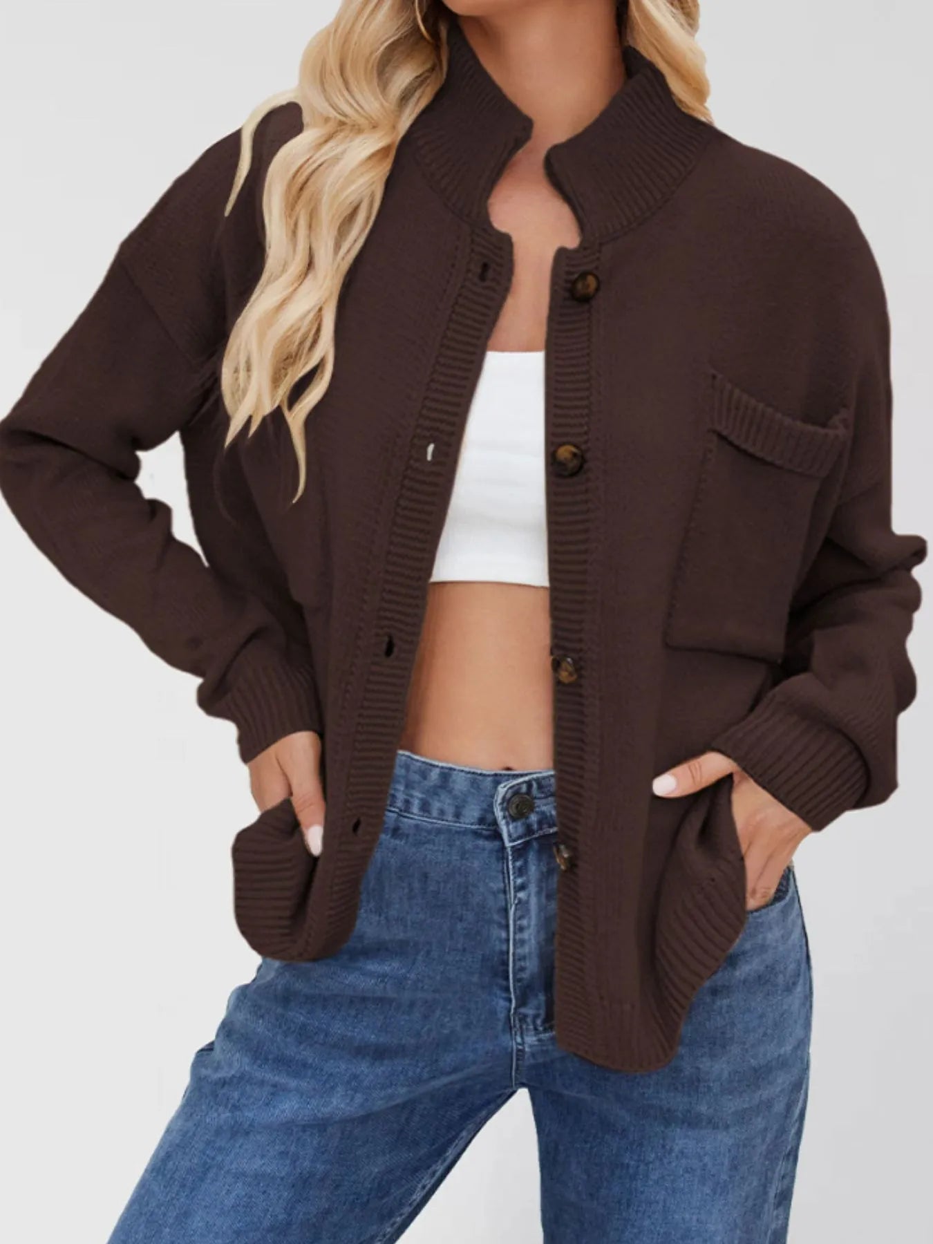 Ribbed Hem Button Up Cardigan Brown - Fashorio