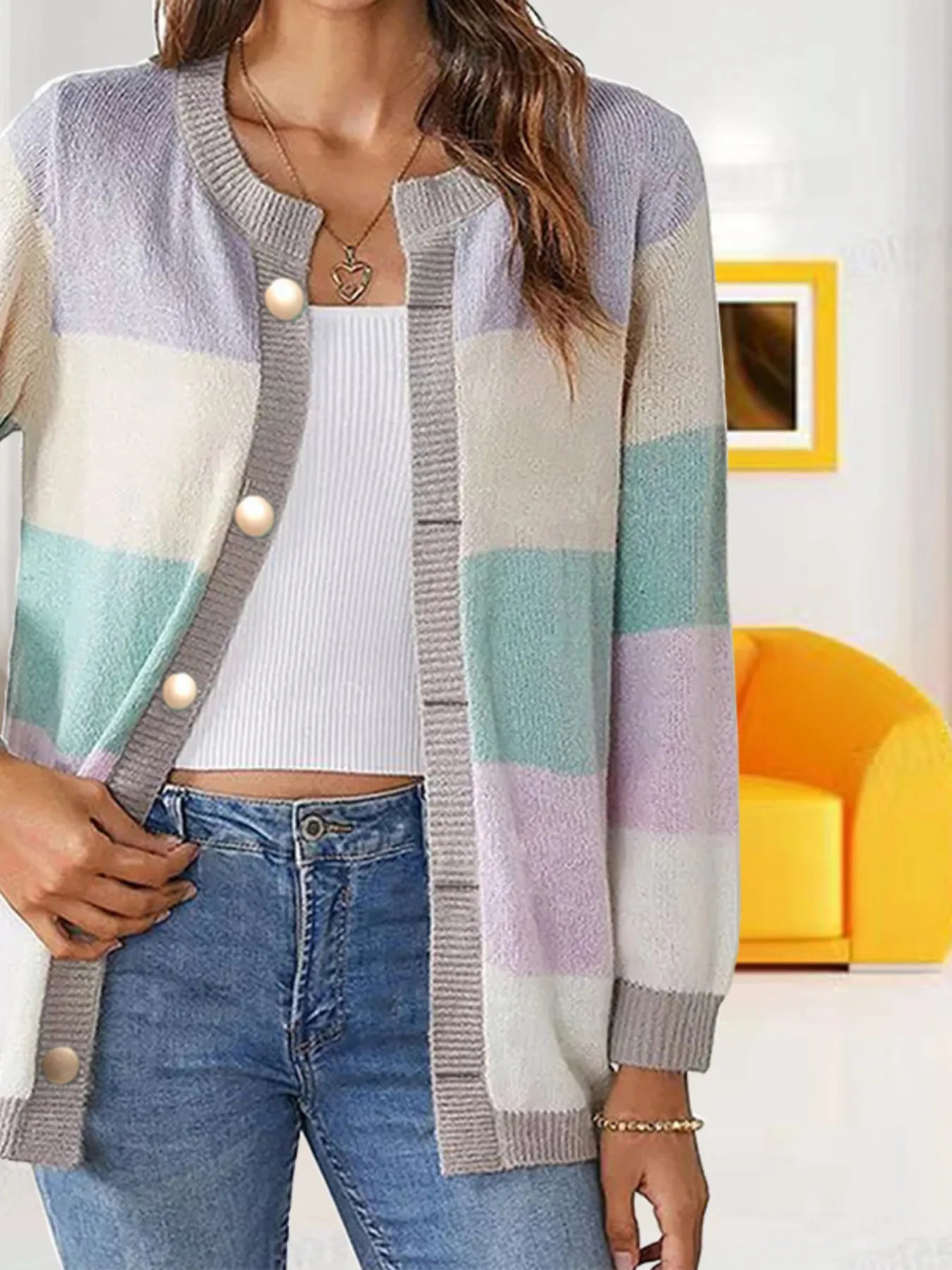 Color Block Button-Up Knit Cardigan - Fashorio