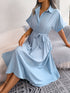 Short Sleeve Collared Tie Belt Dress Light Blue - Fashorio