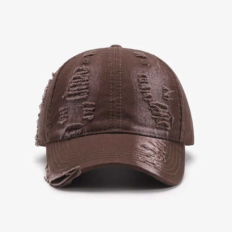 Distressed Adjustable Cotton Baseball Cap Coffee Brown One Size - Fashorio
