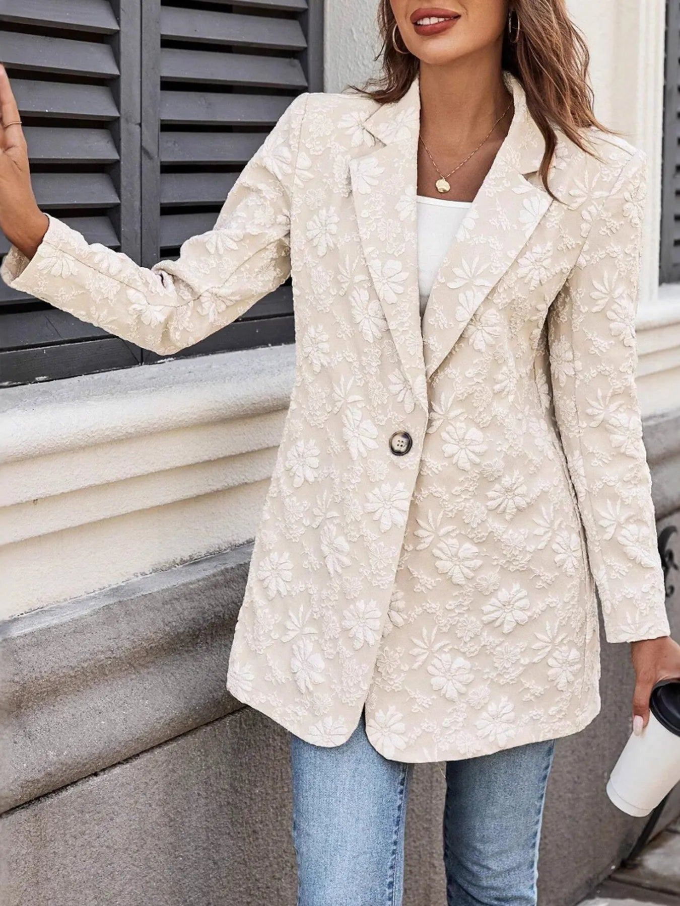 Floral Jacquard One Button Long Sleeve Blazer - Fashorio