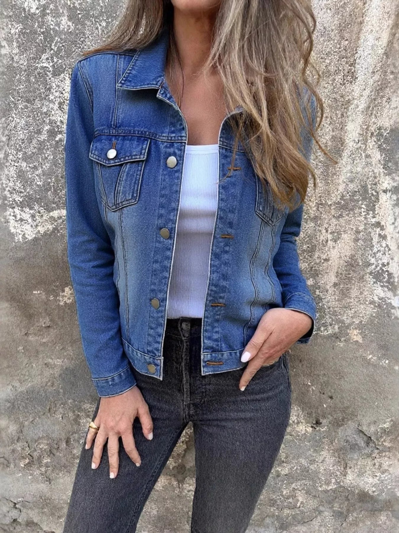 Full Size Button Front Long Sleeve Denim Jacket Plus Size Dark Blue - Fashorio