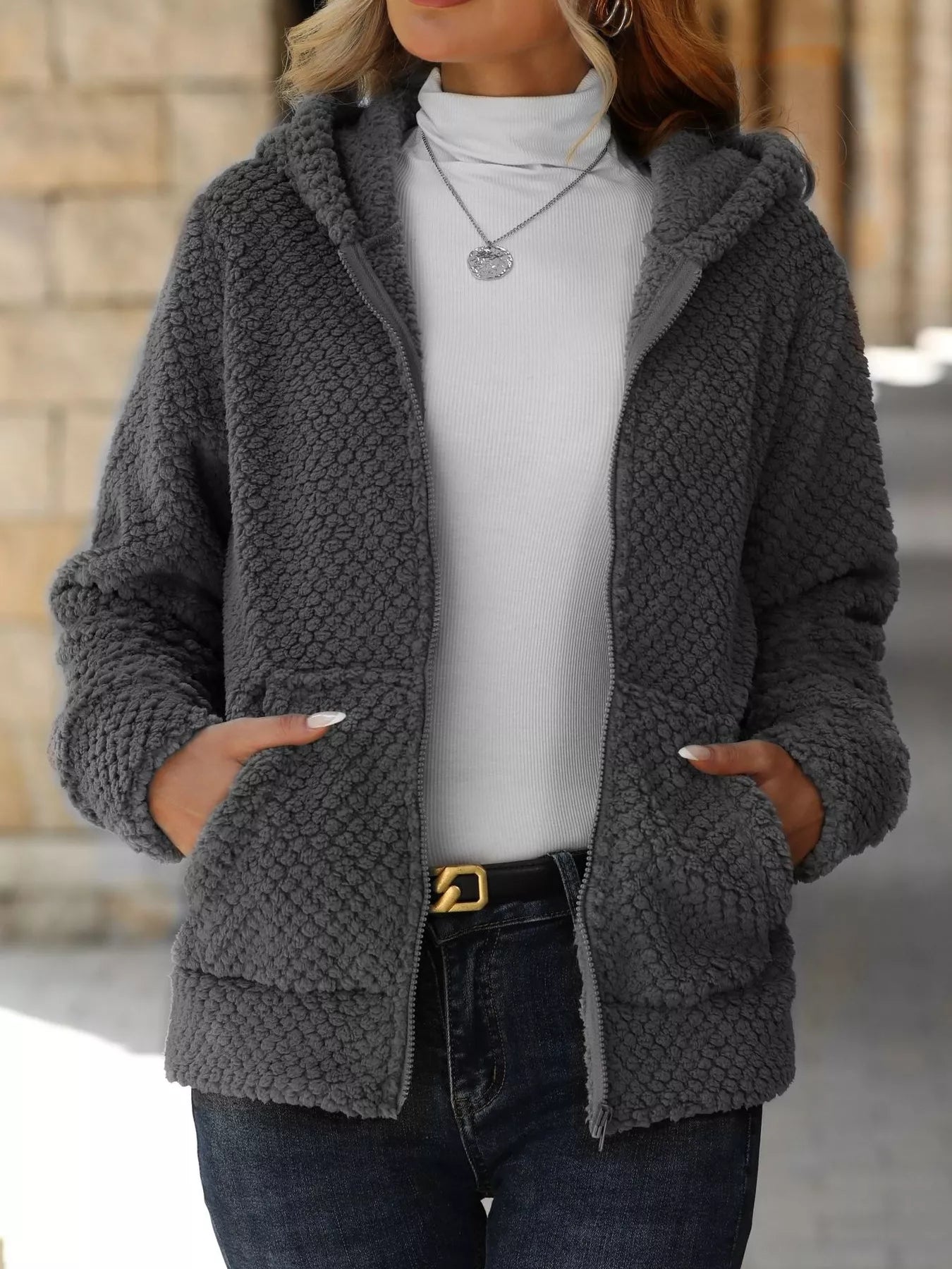 Textured Knit Zip-Up Hooded Outerwear Dark Gray - Fashorio
