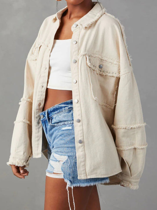 Button Down Raw Hem Denim Jacket Ivory - Fashorio