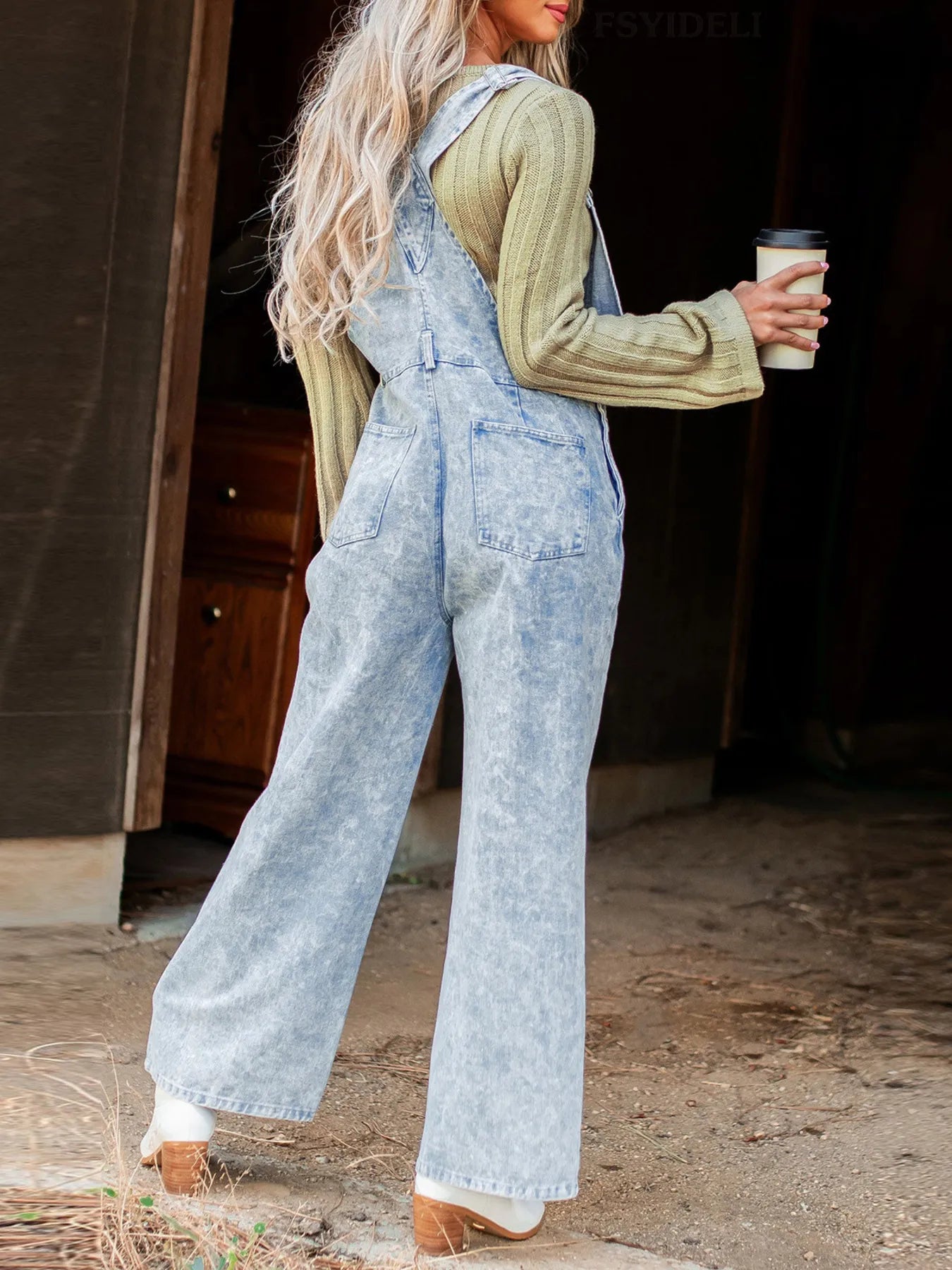 Vintage Washed Wide Leg Denim Overalls with Front Pockets - Fashorio