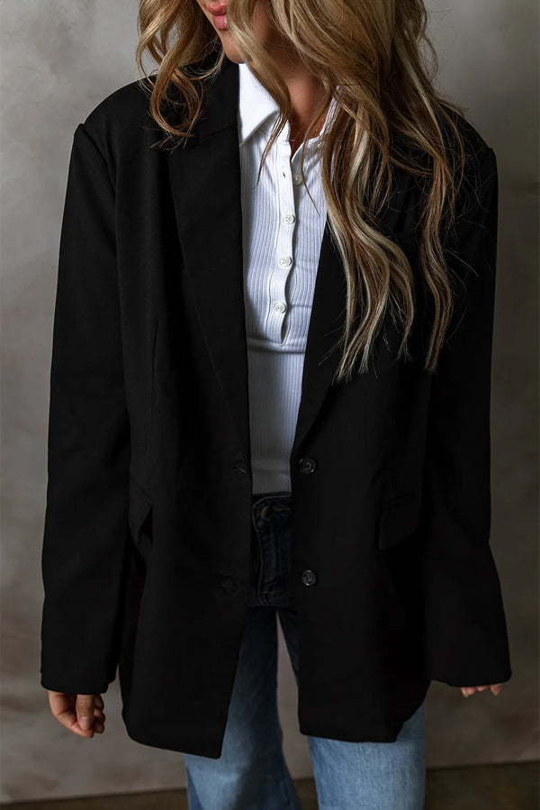 Button Up Long Sleeve Blazer Black - Fashorio