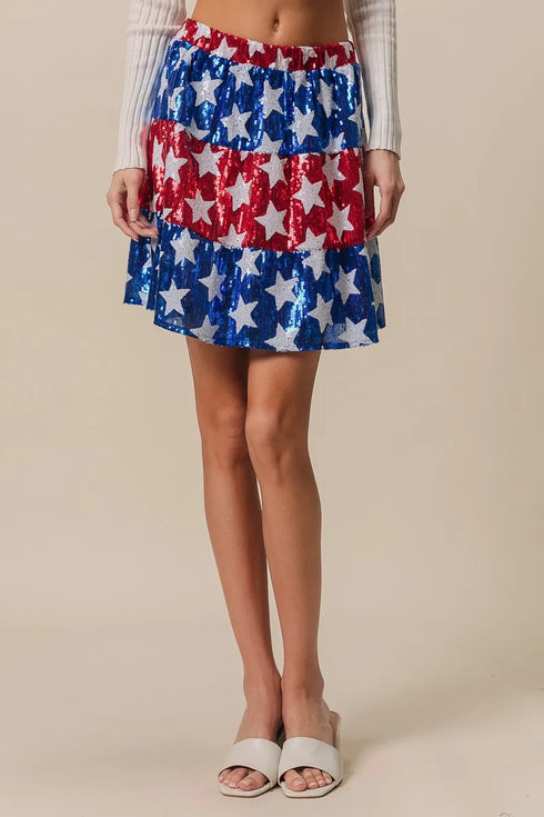 BiBi American Flag Theme Star Sequin Tiered Skirt - Fashorio
