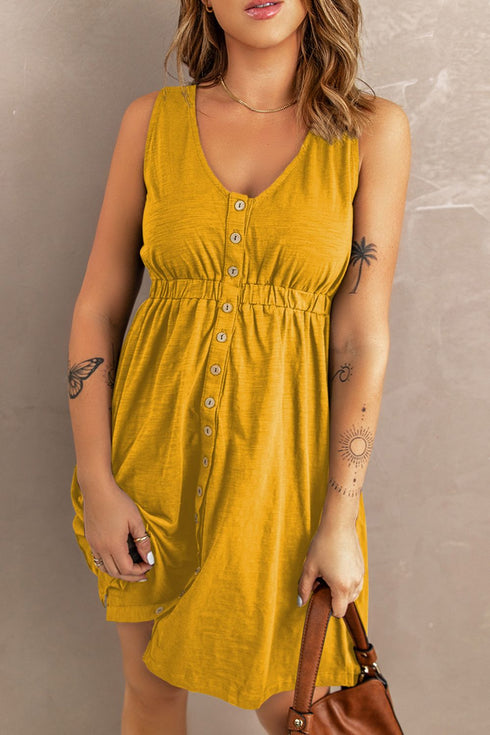 Sleeveless V-Neck Mini Dress with Buttons & Pockets – Chic Casual - Fashorio