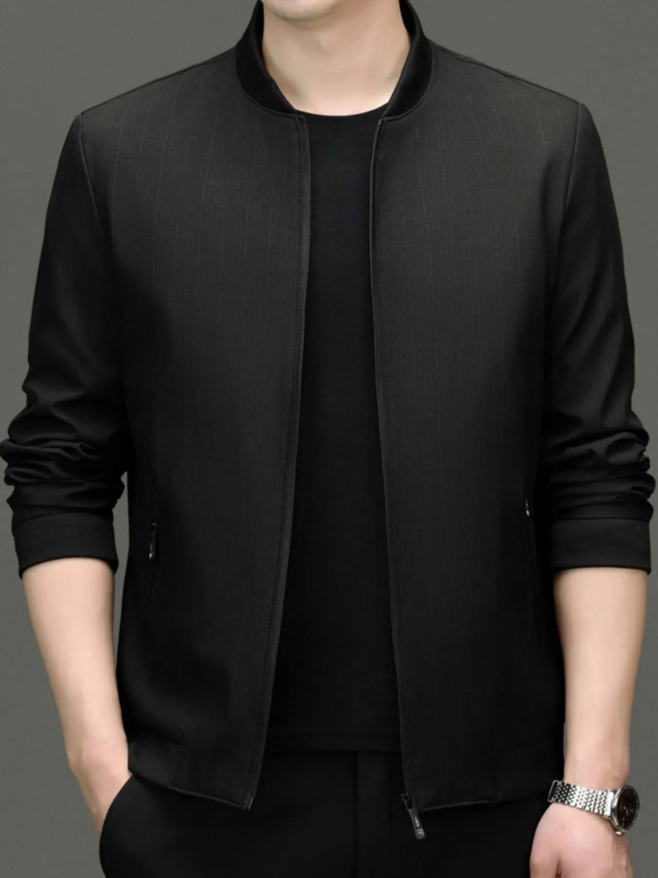 Men's Plus Size Zip Up Long Sleeve Jacket Black - Fashorio