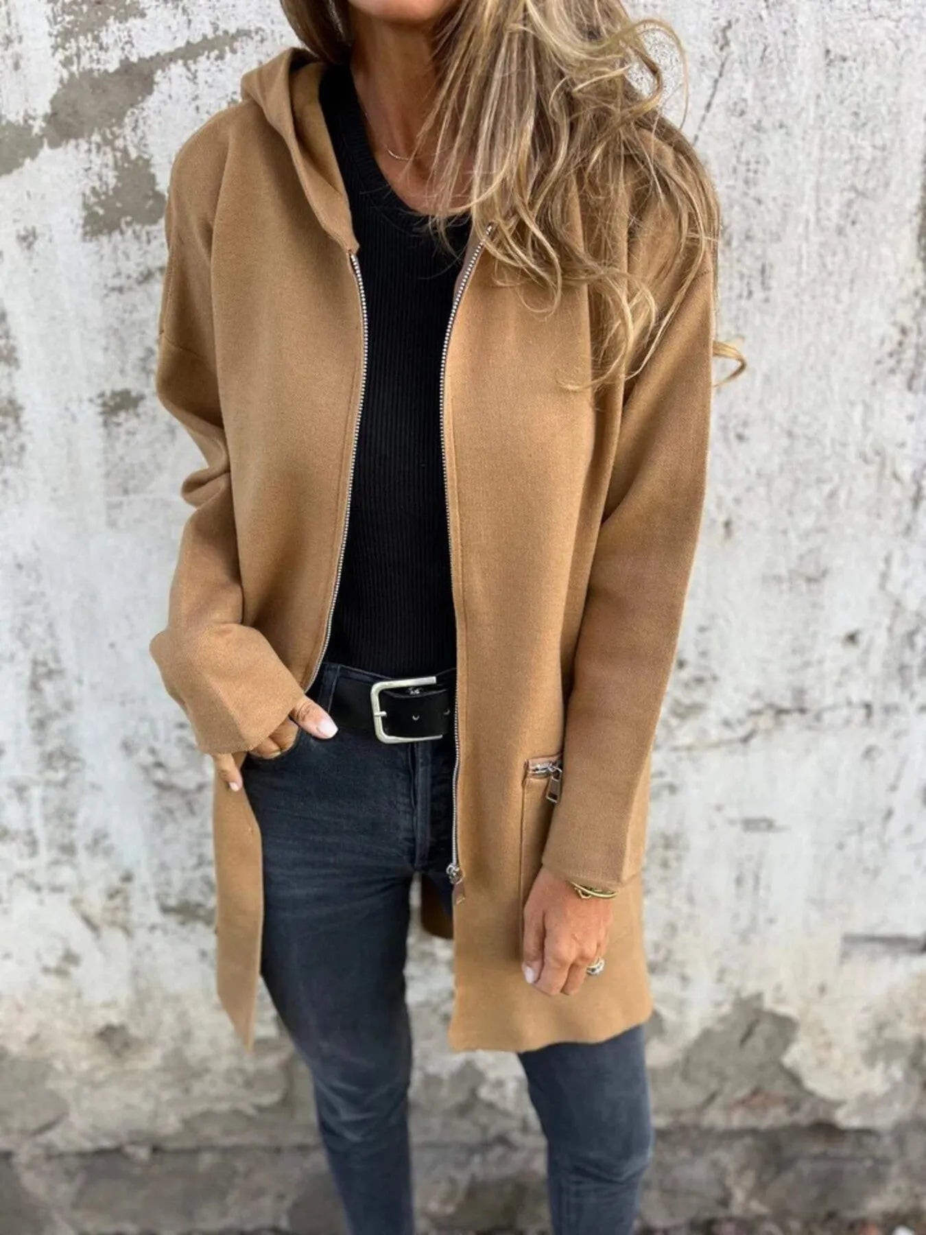 Full Size Zip Up Long Sleeve Hooded Outerwear Plus Size Camel - Fashorio