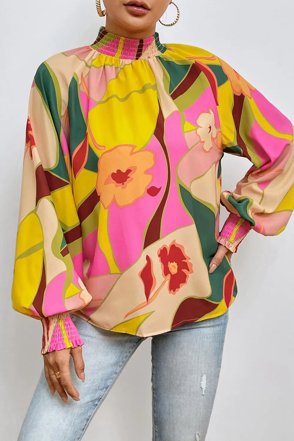 Floral Smocked Lantern Sleeve Mock Neck Blouse - Fashorio