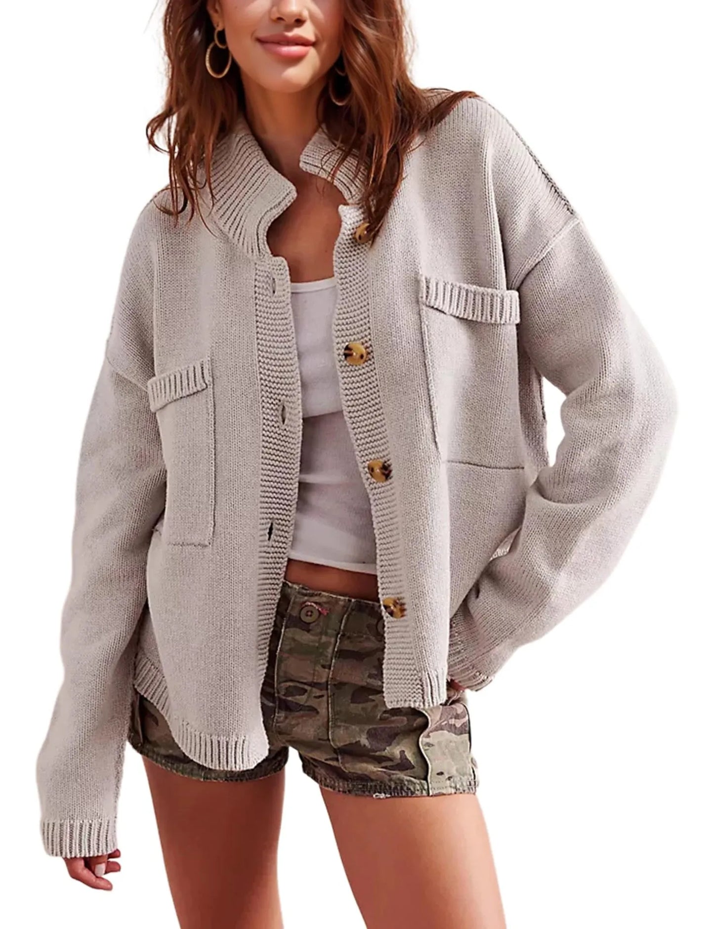 Ribbed Hem Button Up Cardigan Gray - Fashorio
