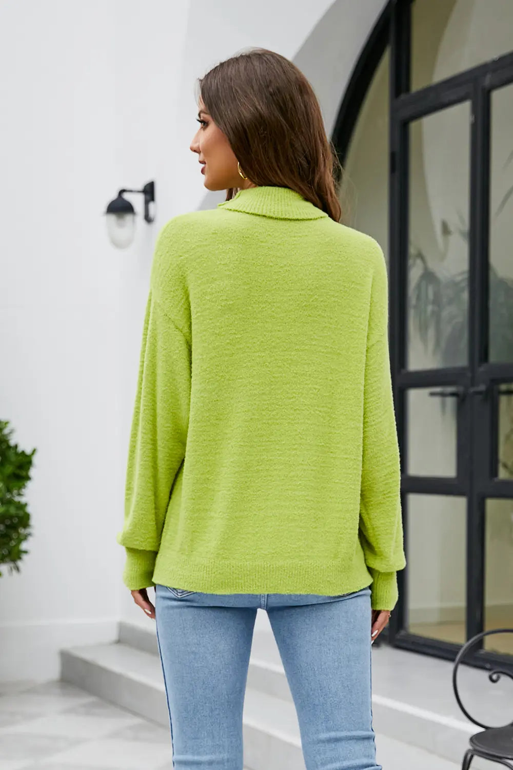 Mock Neck Dropped Shoulder Long Sleeve Sweater - Fashorio