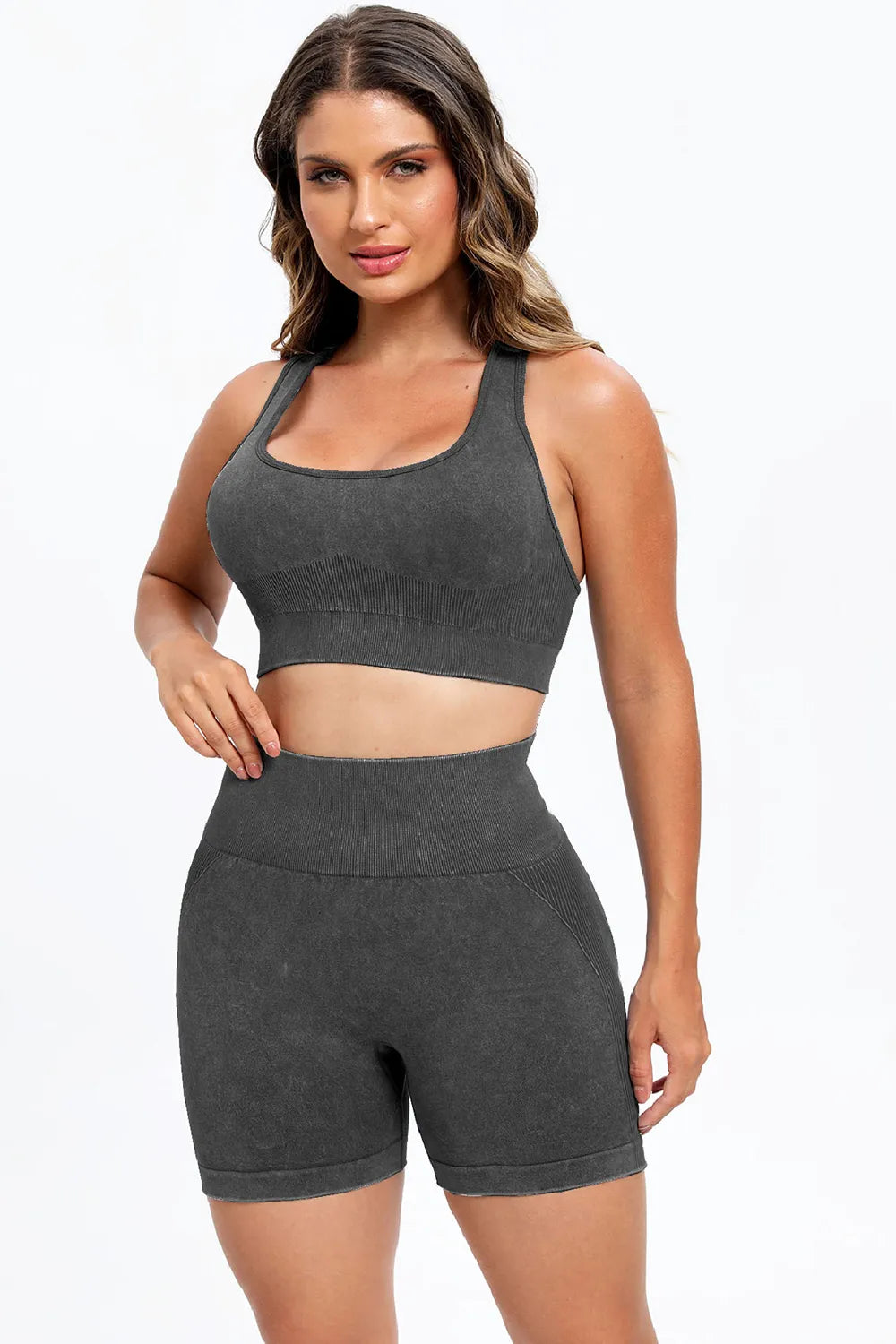 3 Piece Washed Square Neck Wide Strap Active Set - Fashorio