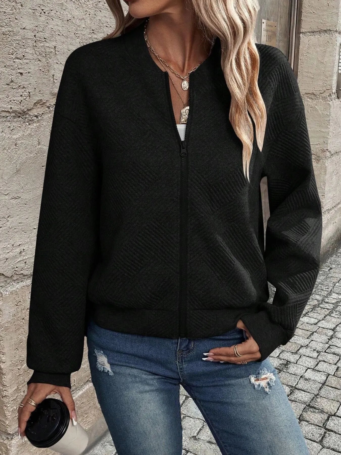 Textured Zip-Up Long Sleeve Jacket for Casual Layering - Fashorio