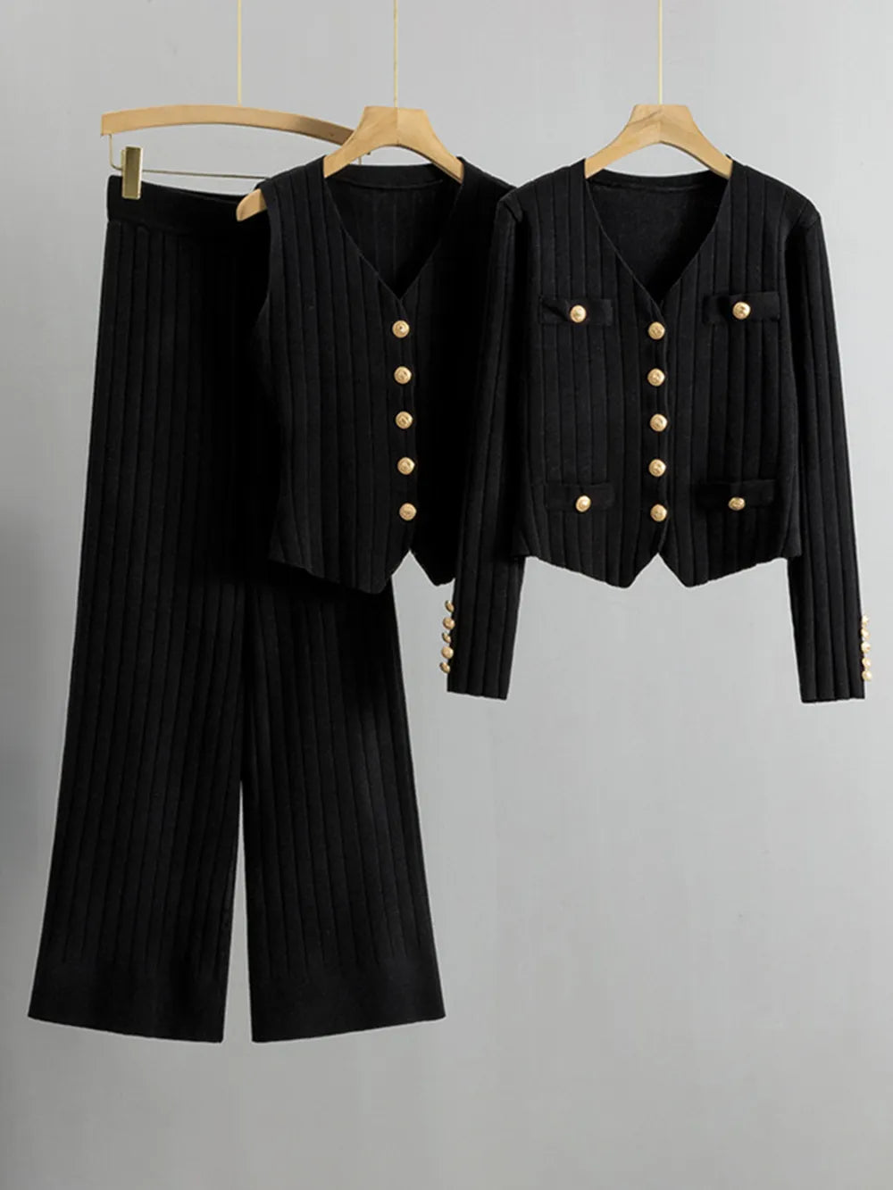 V-Neck Tank, Cardigan and Pants Three-Piece Sweater Set - Fashorio