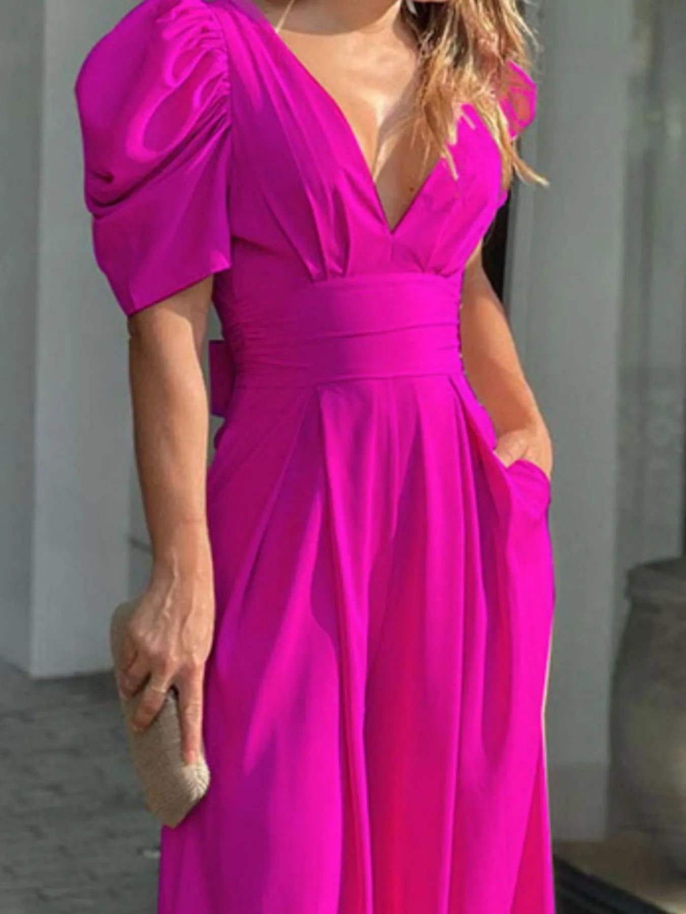 Full Size Cutout V-Neck Puff Sleeve Jumpsuit Plus Size - Fashorio
