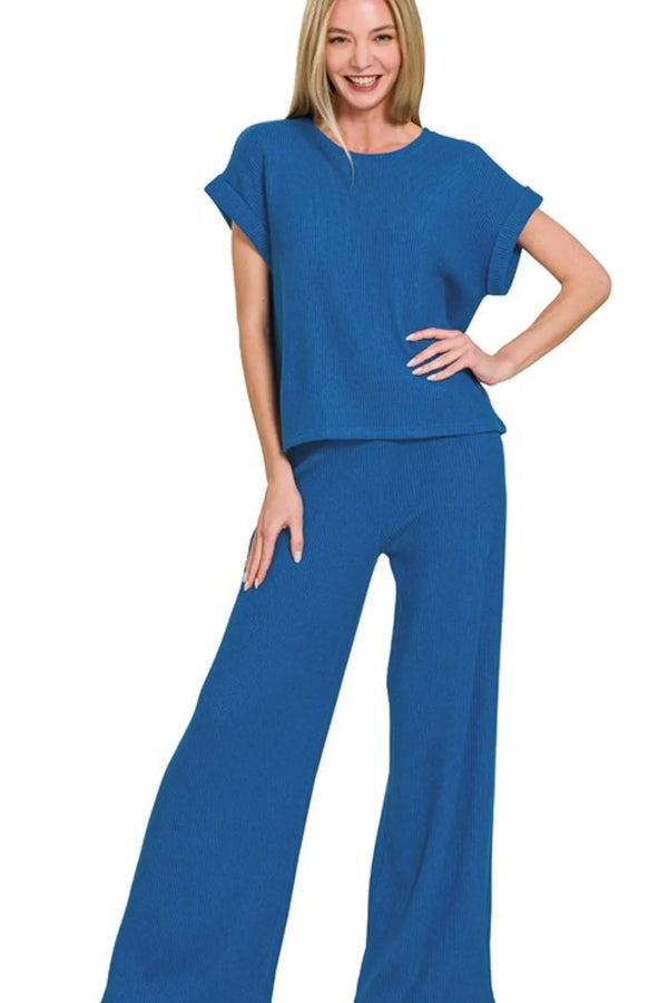 Zenana Rolled Sleeve Top and Pants Sweater Set CLASSIC BLUE - Fashorio